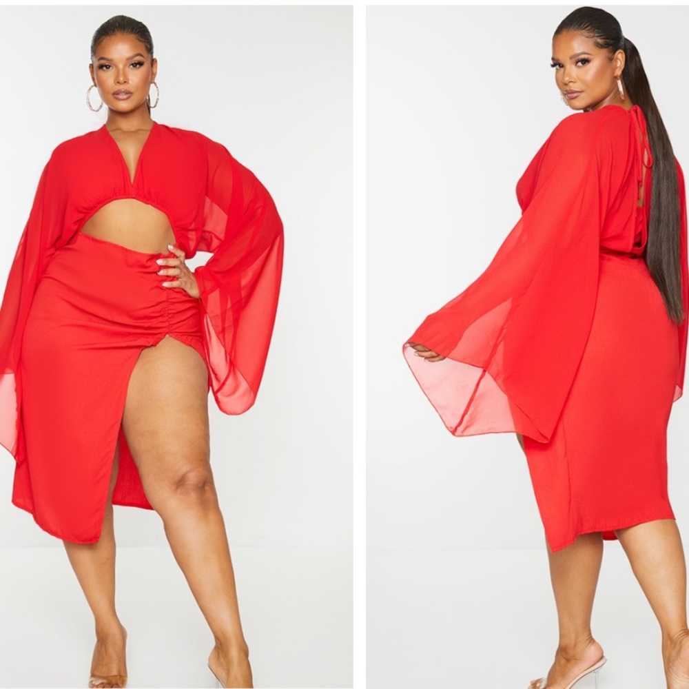 Brand new Red midi dress with bell sleeves and high slit